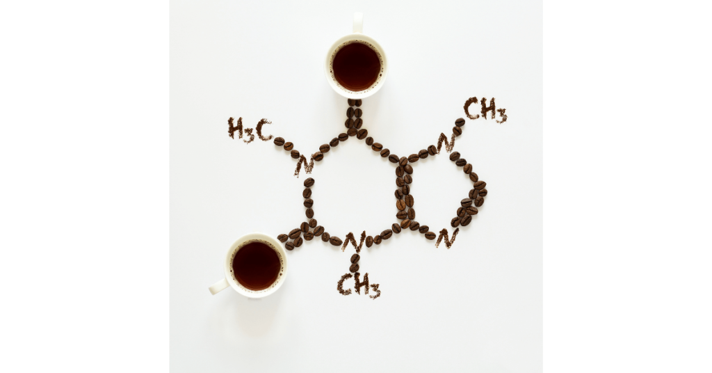 The structure of a caffeine molecule, drawn from coffee and coffee beans