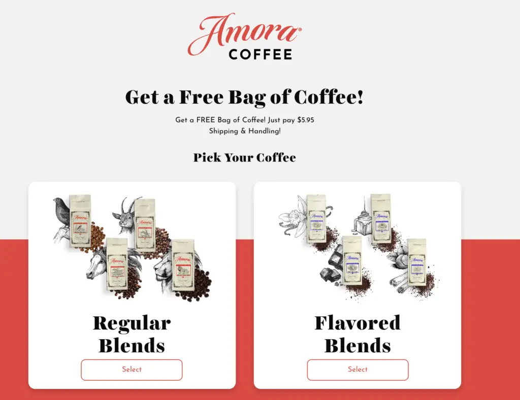 Amora Coffee's free coffee sample offer on their website