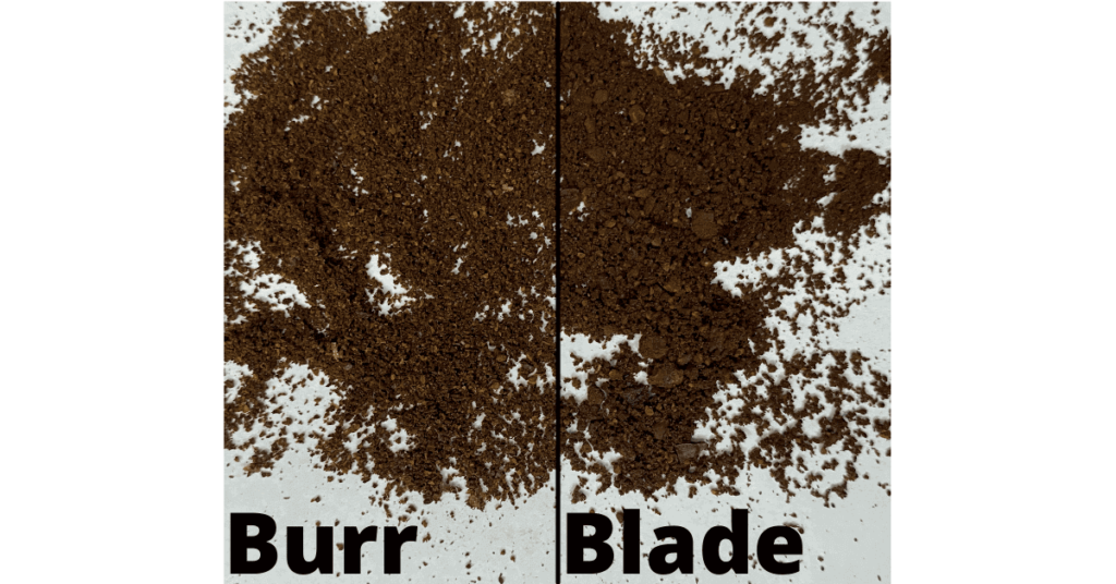 Side-by-side comparison of burr and blade grinds, showing uniformity of the burr grind and inconsistency of the blade grind