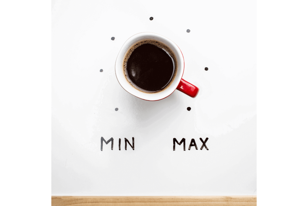 A coffee cup set up to mimic a dial set to max, illustrating caffeine content