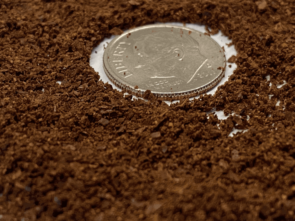 Medium grind coffee, with a dime for size comparison