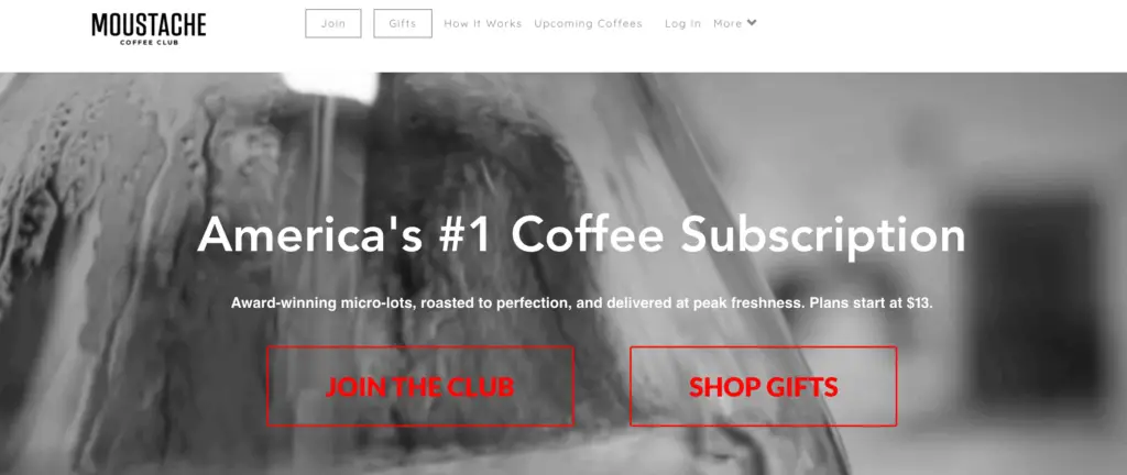 A screenshot of the Moustache Coffee Club website, where they have free coffee samples