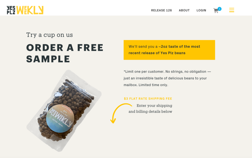 Yes Plz Coffee's free coffee sample offer on their website