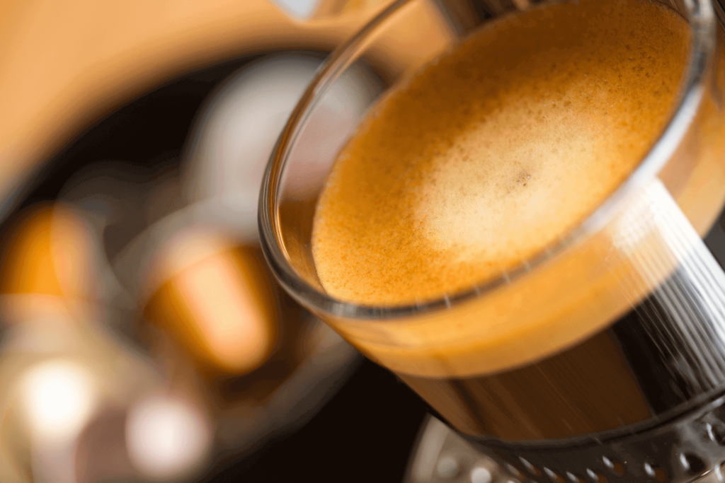 A cup of coffee from a Nespresso pod, showing the rich crema