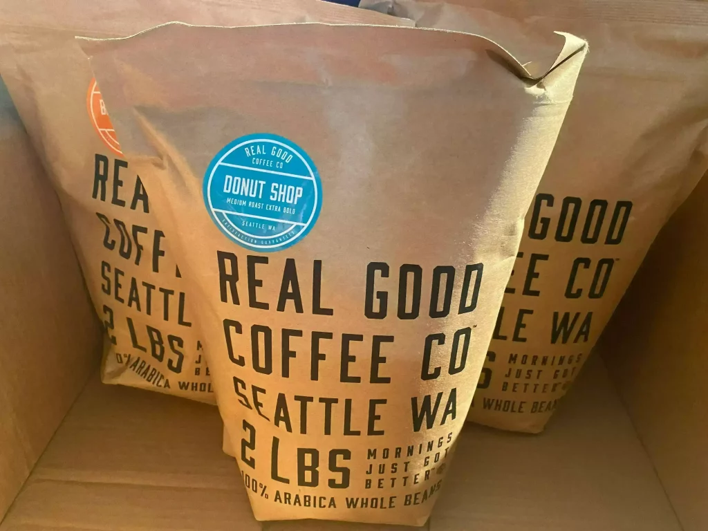 Real Good Coffee's Donut Shop blend, showing the recyclable packaging